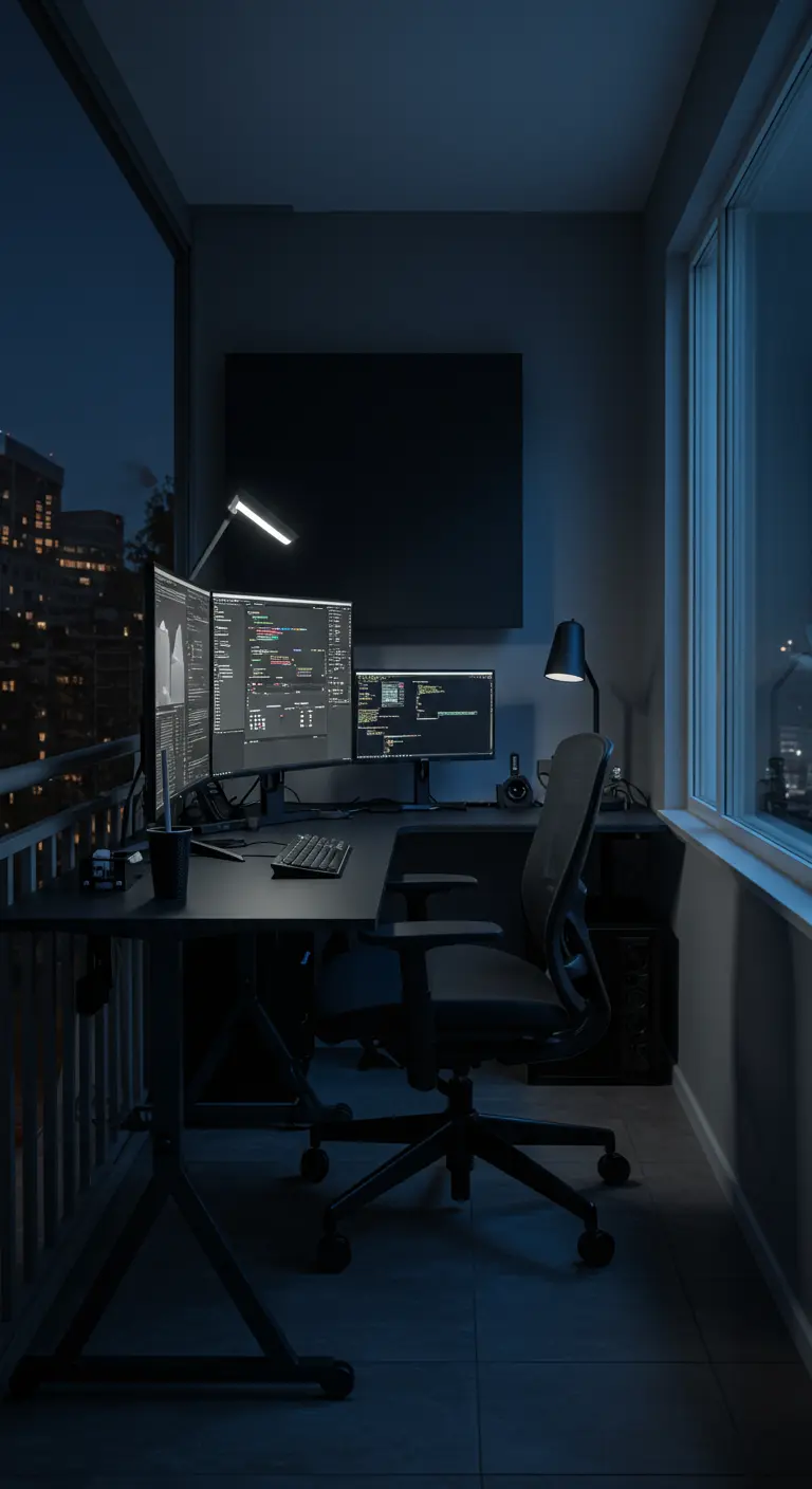 Oficina de alta tecnología en un balcón por la noche, con múltiples monitores y luces LED