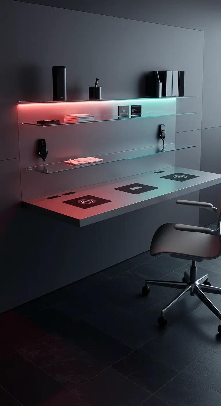 Escritorio flotante futurista con luces LED de colores, estantes de cristal y cargadores integrados.