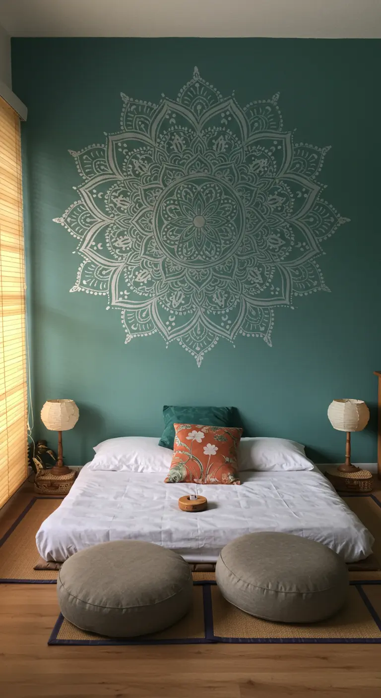 Gran mandala pintado en blanco sobre una pared de color verde azulado, detrás de una cama baja.