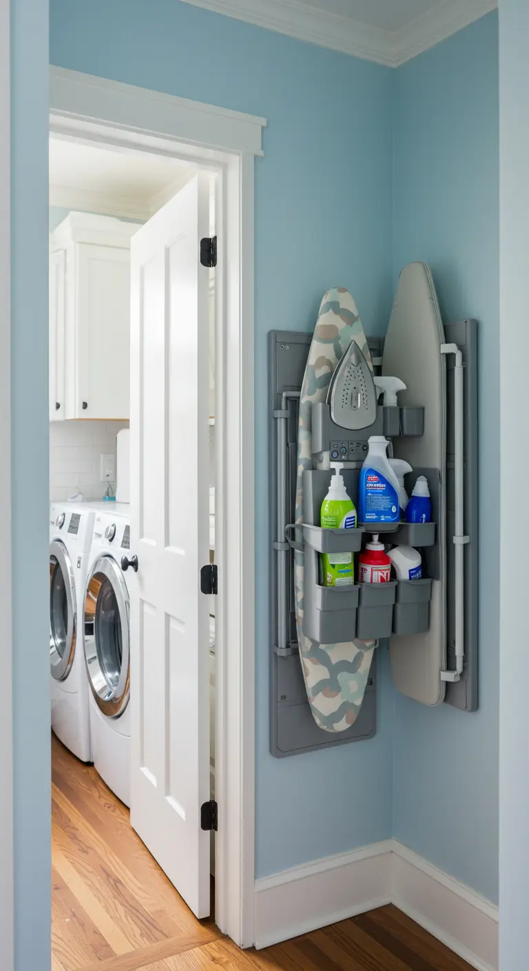 Soporte de pared gris con tabla de planchar plegada, plancha y productos de limpieza.