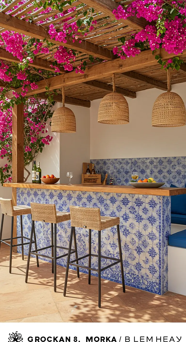 Barra de bar exterior bajo una pérgola, con el frente de azulejos azules y blancos.