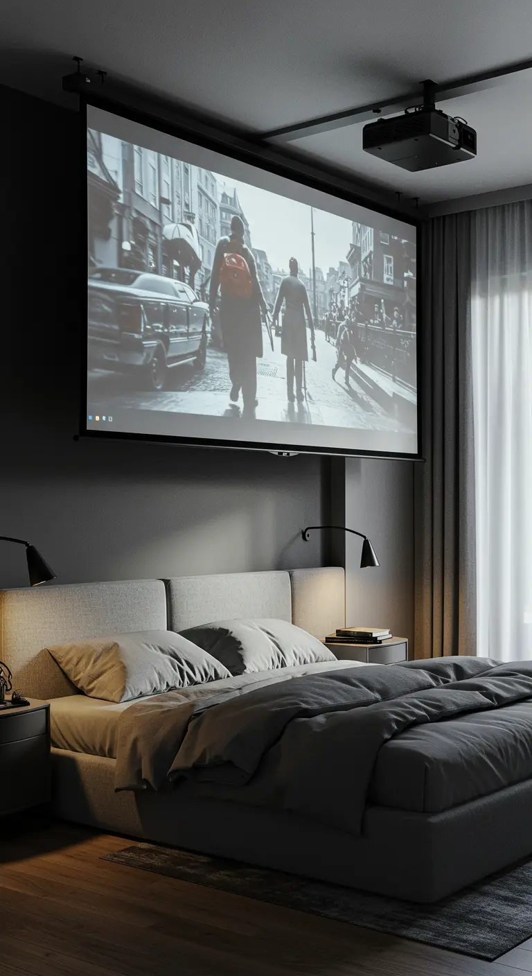 Pantalla de proyector retráctil bajada frente a una cama en un dormitorio oscuro.