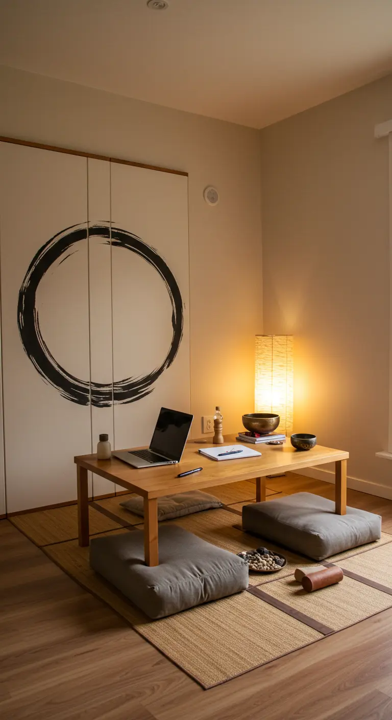 Oficina de estilo japonés con paneles blancos decorados con un círculo Ensō negro.