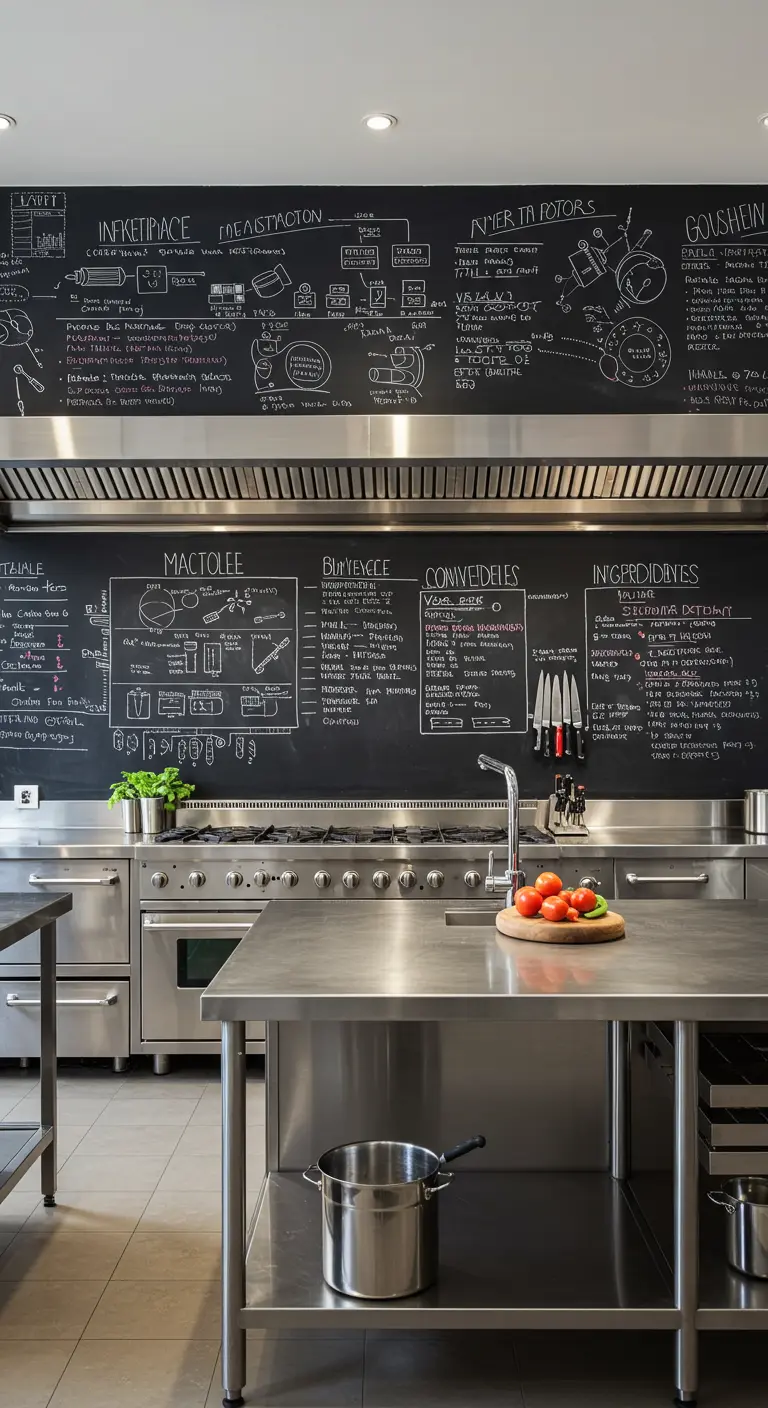 Cocina profesional de acero inoxidable con paredes de pizarra llenas de diagramas, recetas y notas técnicas.