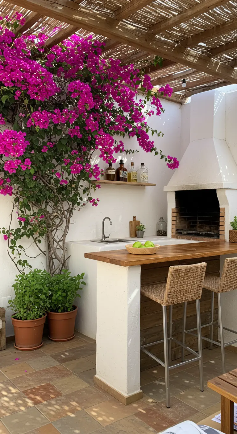 Cocina exterior blanca con barra de madera, taburetes de mimbre y una buganvilla trepando.