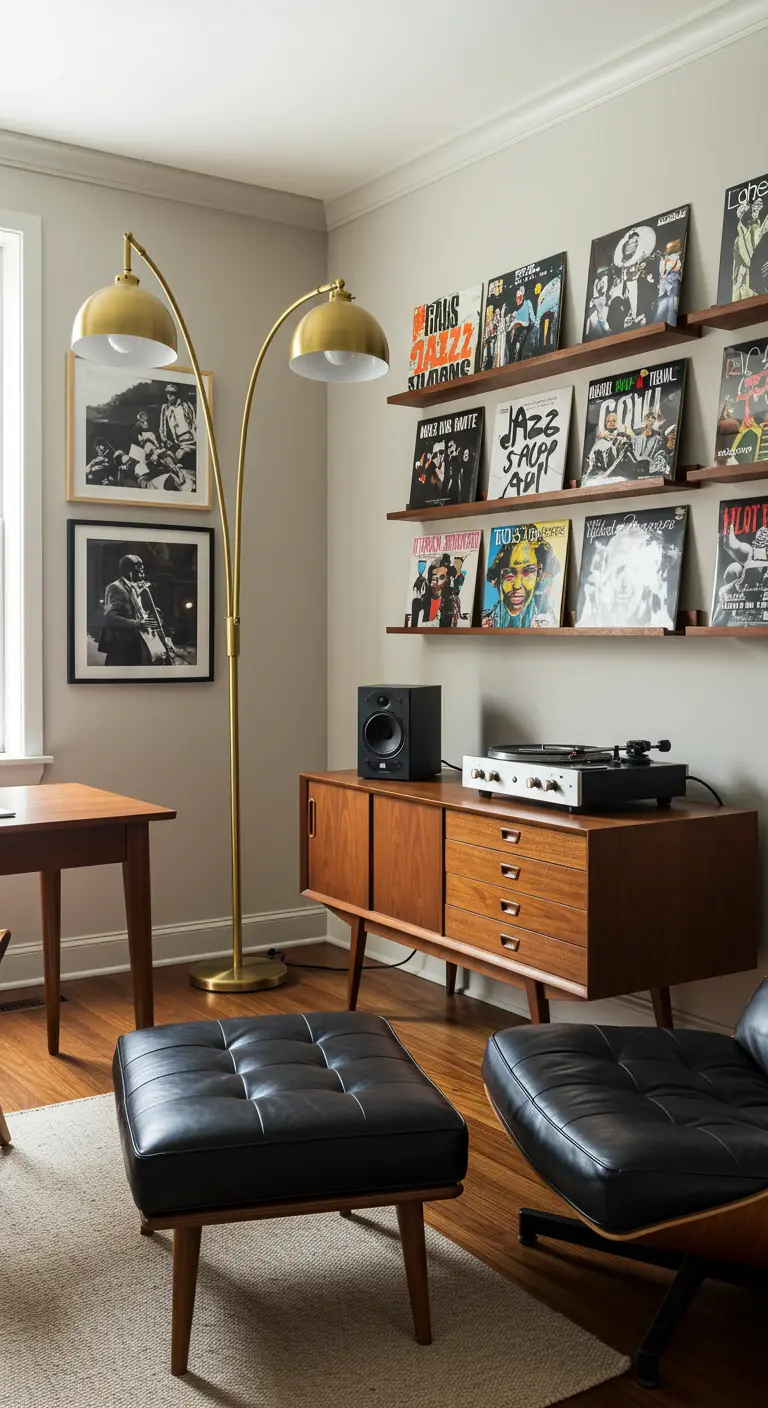 Pared con repisas mostrando portadas de vinilos, junto a un tocadiscos y una lámpara de pie dorada.