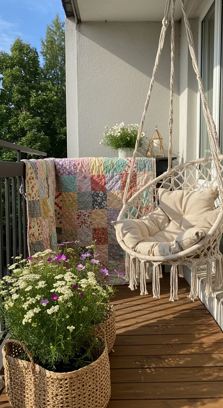 Balcón con suelo de madera, un sillón colgante de macramé y una colorida colcha de patchwork.