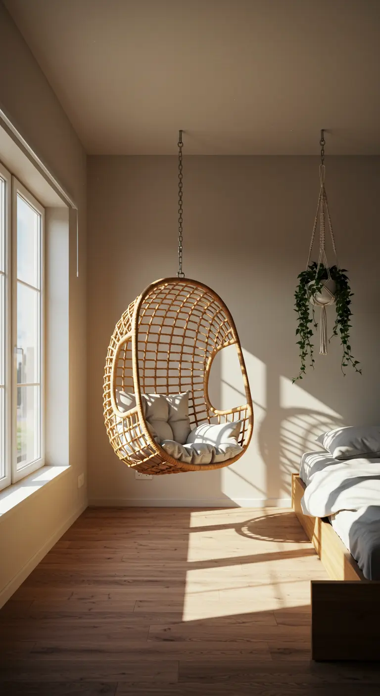 Silla colgante de ratán con cojines blancos en la esquina de un dormitorio luminoso.