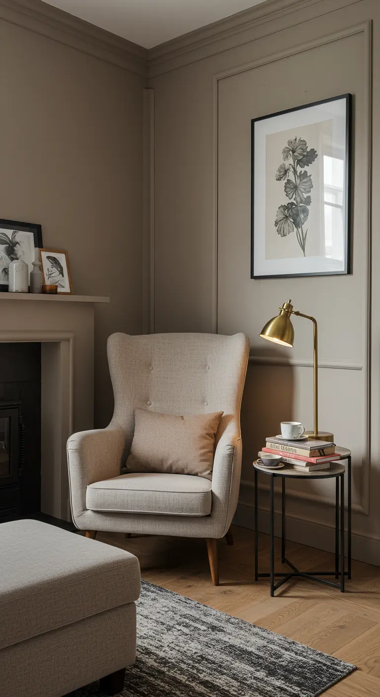 Mesa nido redonda con superficie de mármol junto a un sillón en un rincón de lectura