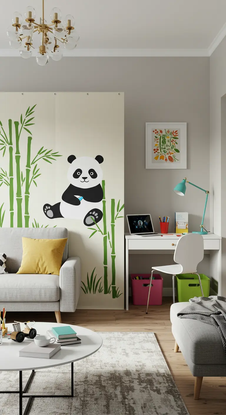 Oficina en casa separada por un biombo de tela con un gran dibujo de un oso panda.