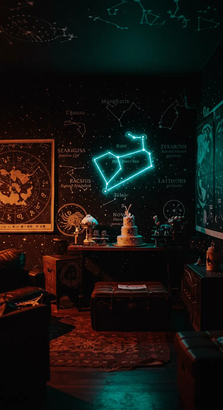 Habitación oscura con un neón de la constelación de Leo y mapas estelares en las paredes.