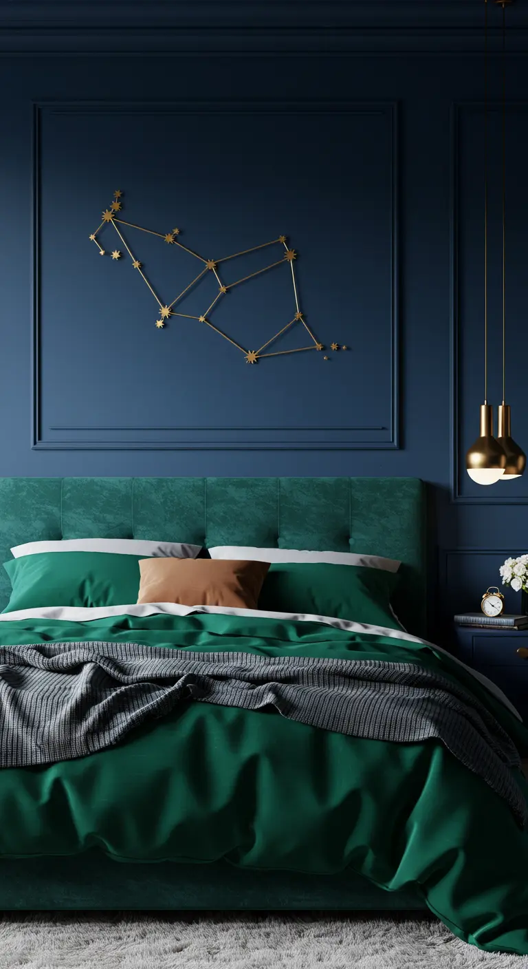 Dormitorio azul marino con una constelación dorada en 3D en la pared y ropa de cama verde esmeralda.