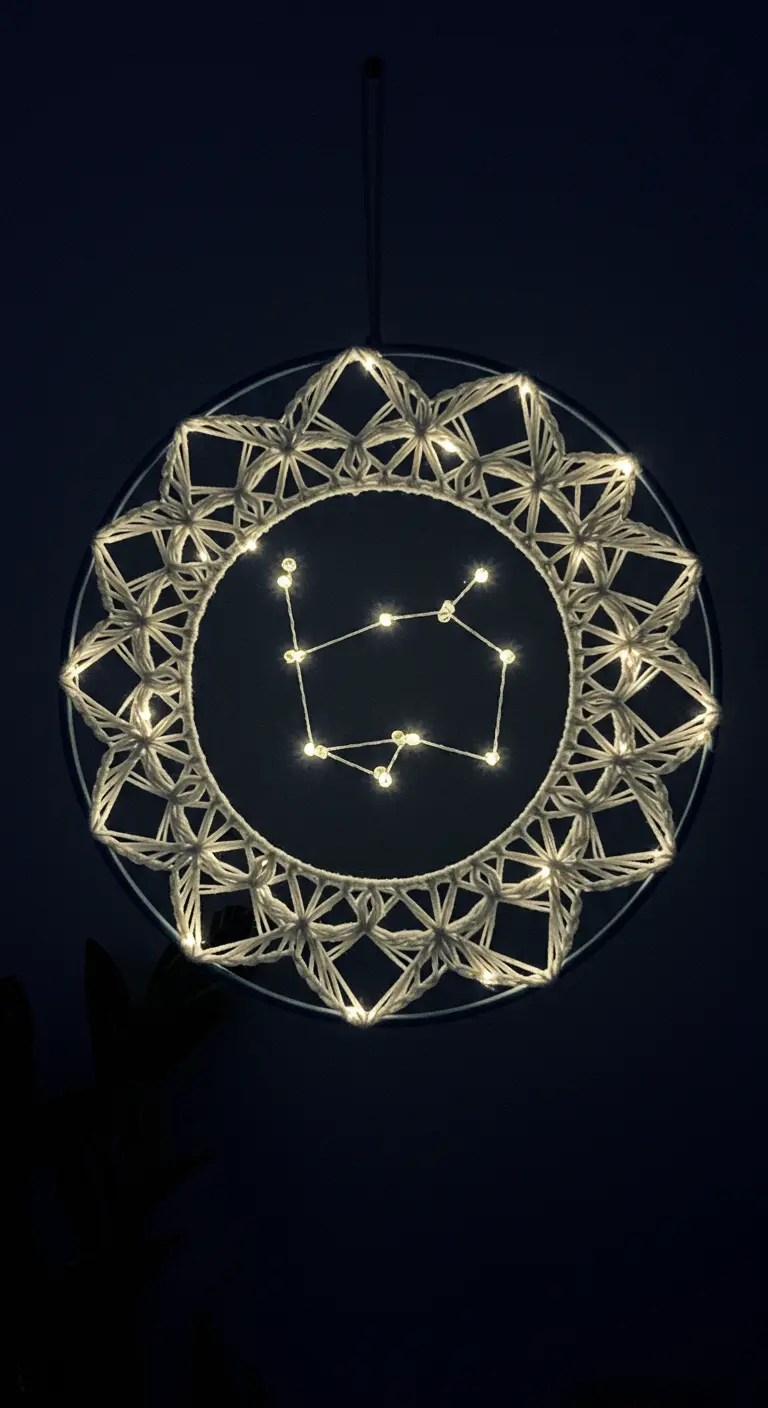 Mandala de macramé blanco iluminado desde dentro con luces que forman una constelación.