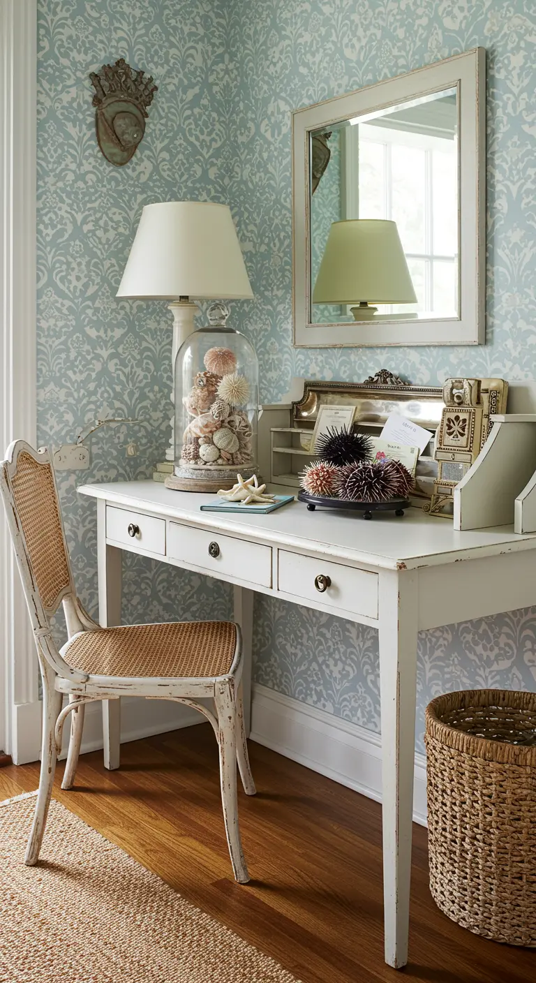 Escritorio blanco de estilo vintage con silla de ratán y decoración de conchas y erizos de mar.