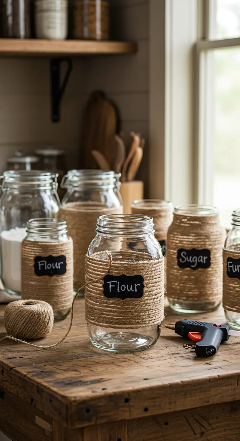 Frascos de vidrio envueltos en yute y etiquetados para harina y azúcar.