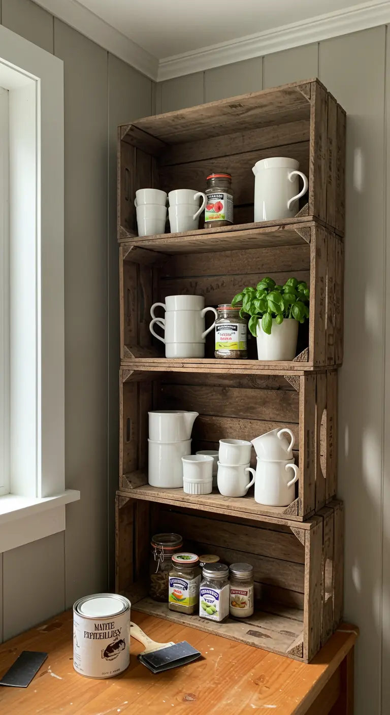 Torre de cuatro cajas de madera apiladas verticalmente como estantería para tazas y tarros.