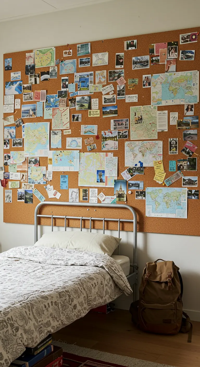 Pared de corcho sobre una cama, llena de mapas, fotos y notas de viaje.