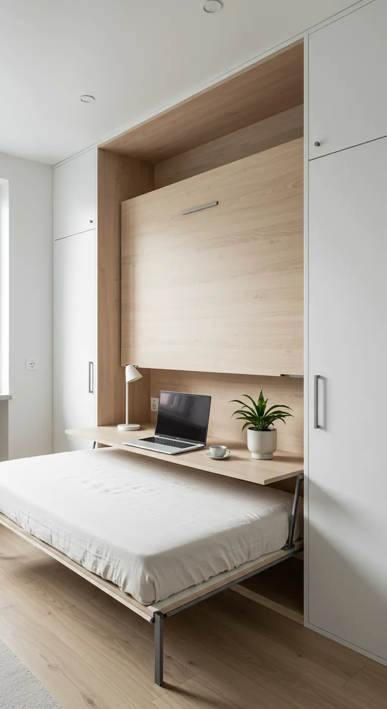 Cama abatible de madera clara con un escritorio plegable integrado.