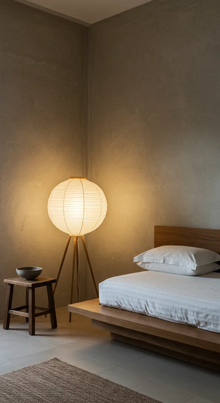 Dormitorio zen con cama de plataforma baja, lámpara de papel redonda y taburete de madera.