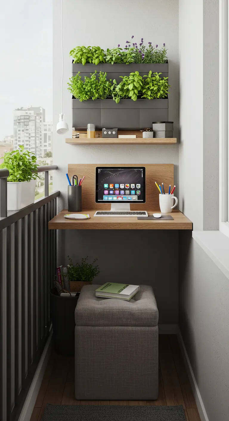 Espacio de trabajo compacto con escritorio flotante y jardín vertical con hierbas aromáticas