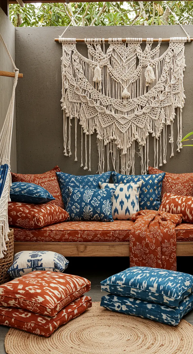 Rincón bohemio con un gran tapiz de macramé y cojines con estampados ikat.