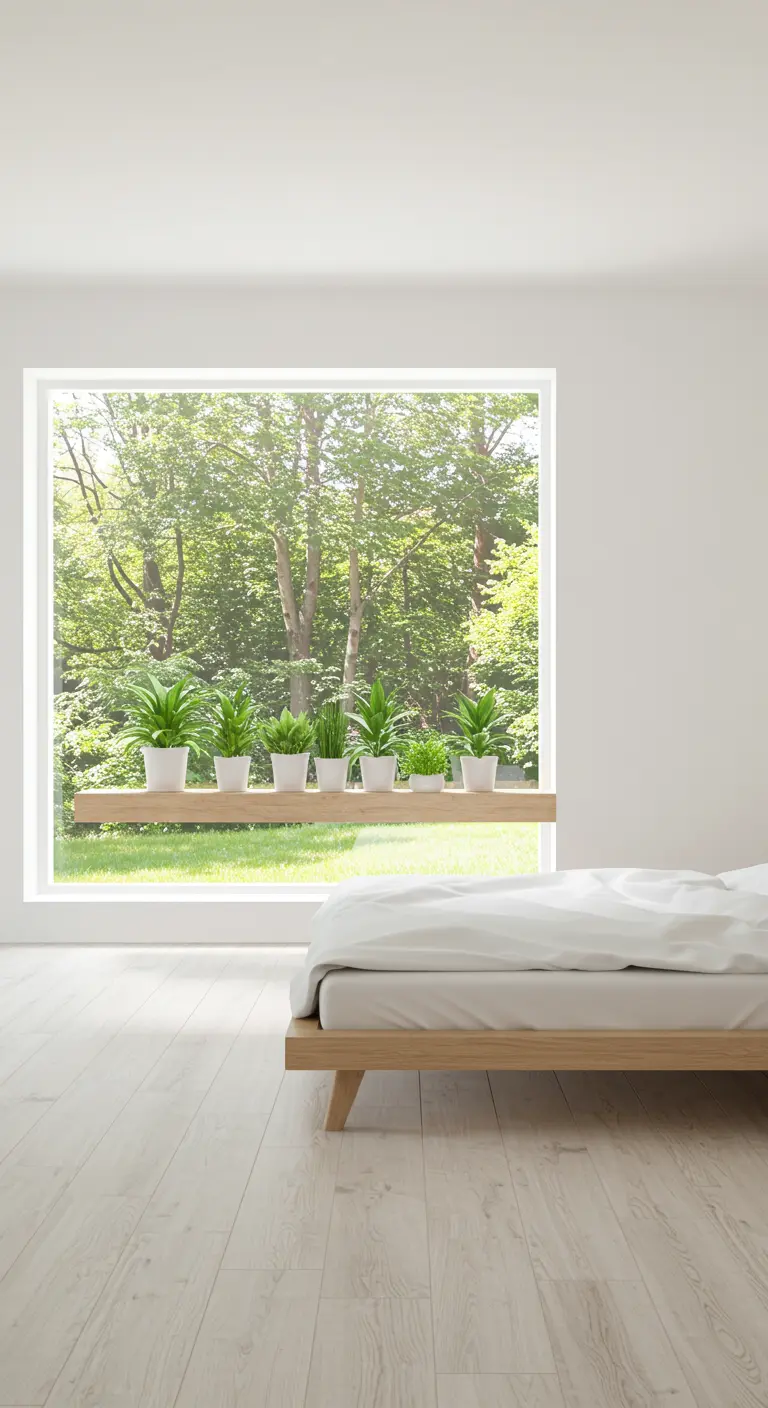 Fila de pequeñas plantas en macetas blancas sobre una balda de madera en la ventana