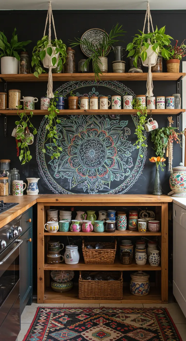 Cocina bohemia con estanterías de madera, muchas plantas y una pared de pizarra con un mandala de colores dibujado.
