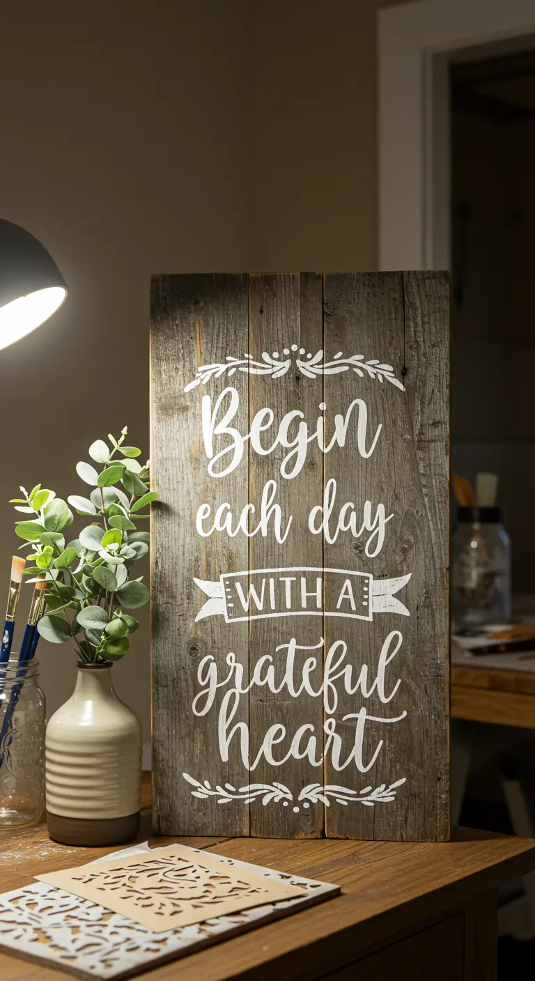 Letrero de madera rústica con la frase 'Begin each day with a grateful heart' pintada en blanco.