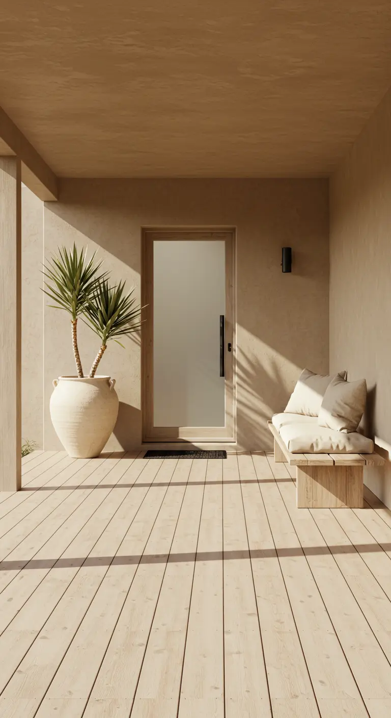 Porche soleado con suelo de madera clara, banco de madera y una planta de yuca en una maceta de cerámica.