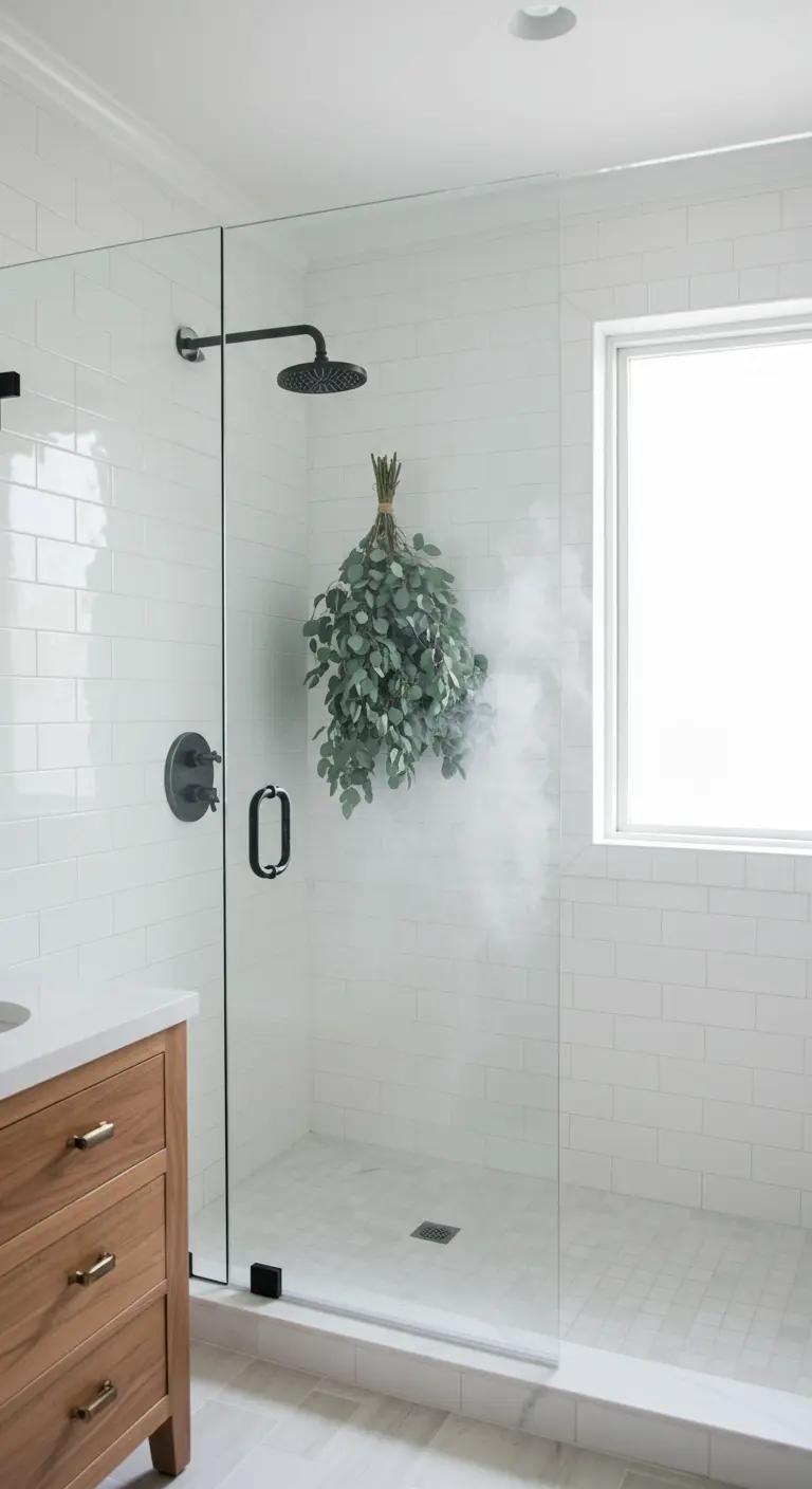 Ramo de eucalipto fresco colgado en una ducha de azulejos blancos con mampara de cristal.