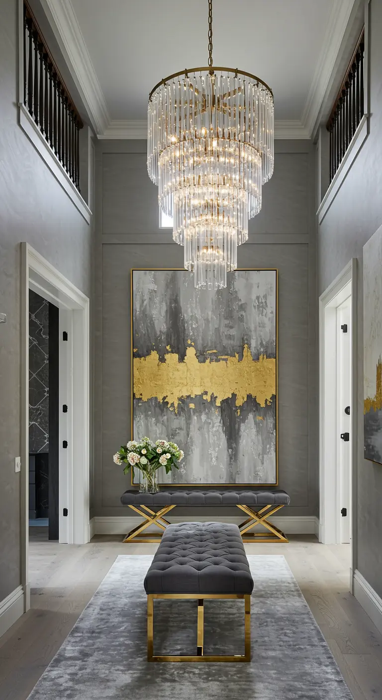 Pasillo largo y elegante con paredes grises, un gran cuadro abstracto y una lámpara de cristal.