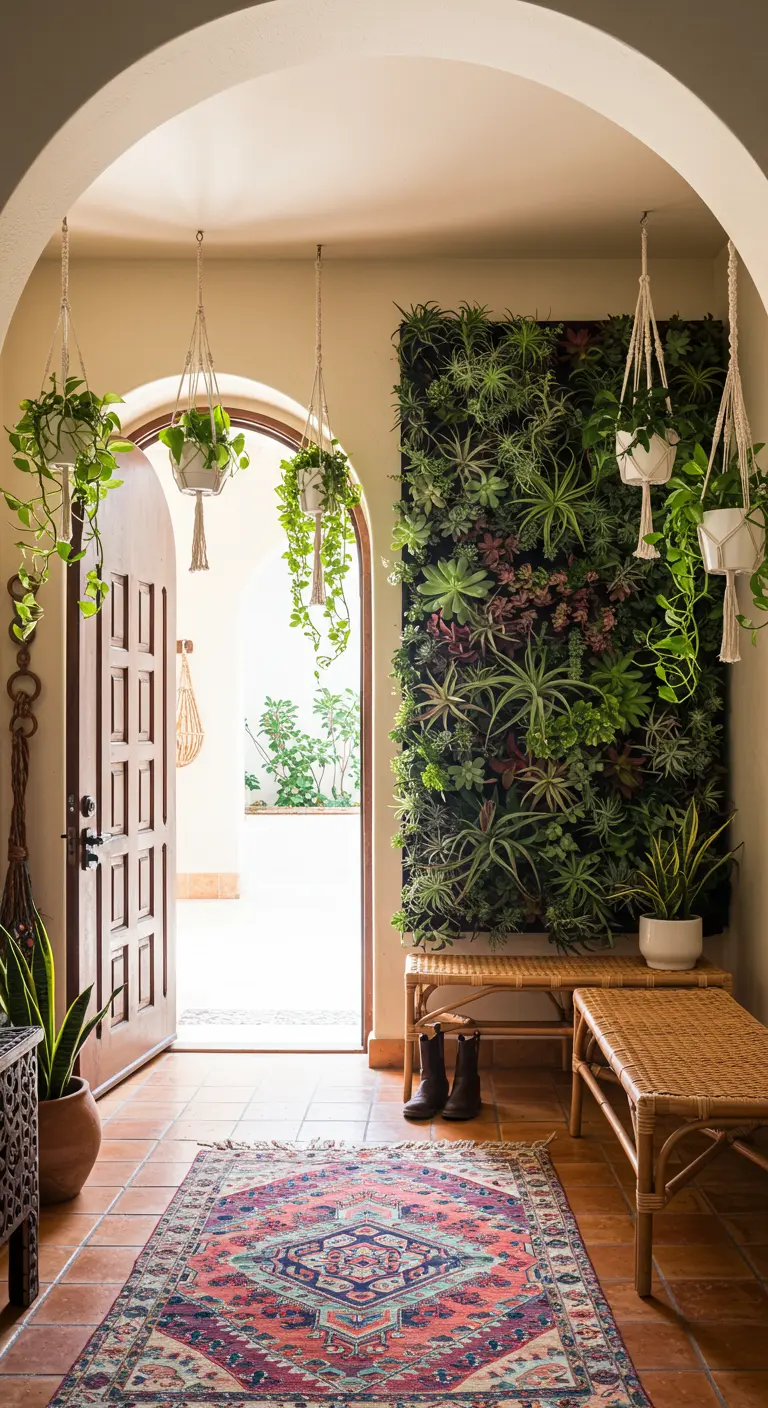 Entrada rústica con arco, plantas colgantes en macramé y un jardín vertical de suculentas.