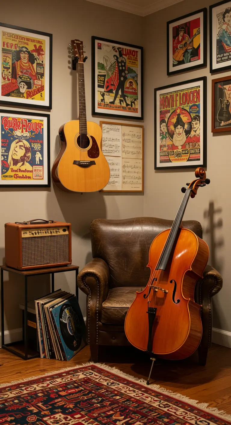 Rincón de música con guitarras colgadas, pósteres de conciertos y un sillón de cuero