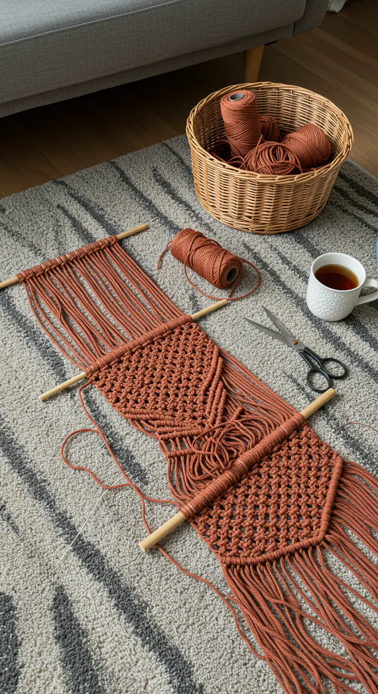 Proyecto de macramé de color terracota en proceso, extendido sobre una alfombra gris.