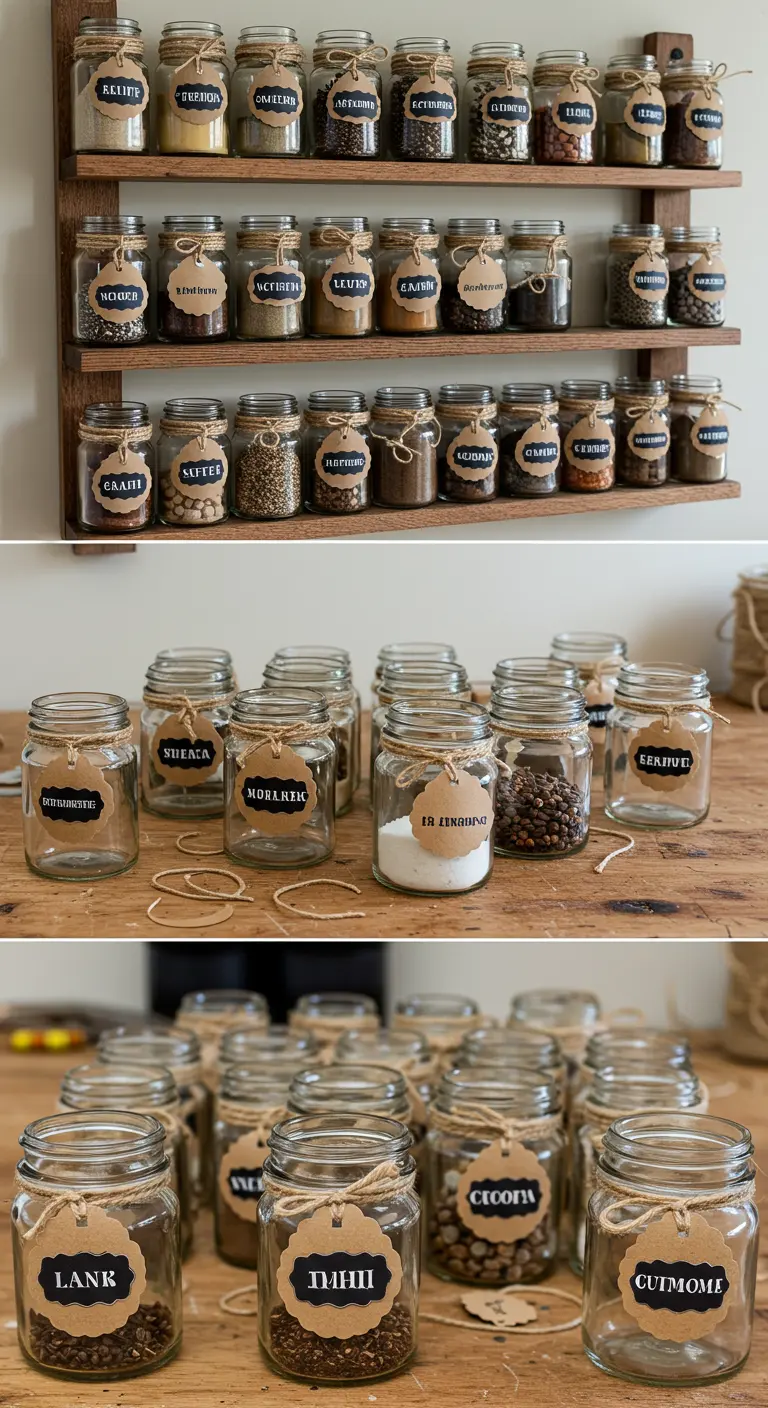 Pequeños frascos de especias decorados con yute y etiquetas de cartón en una estantería.