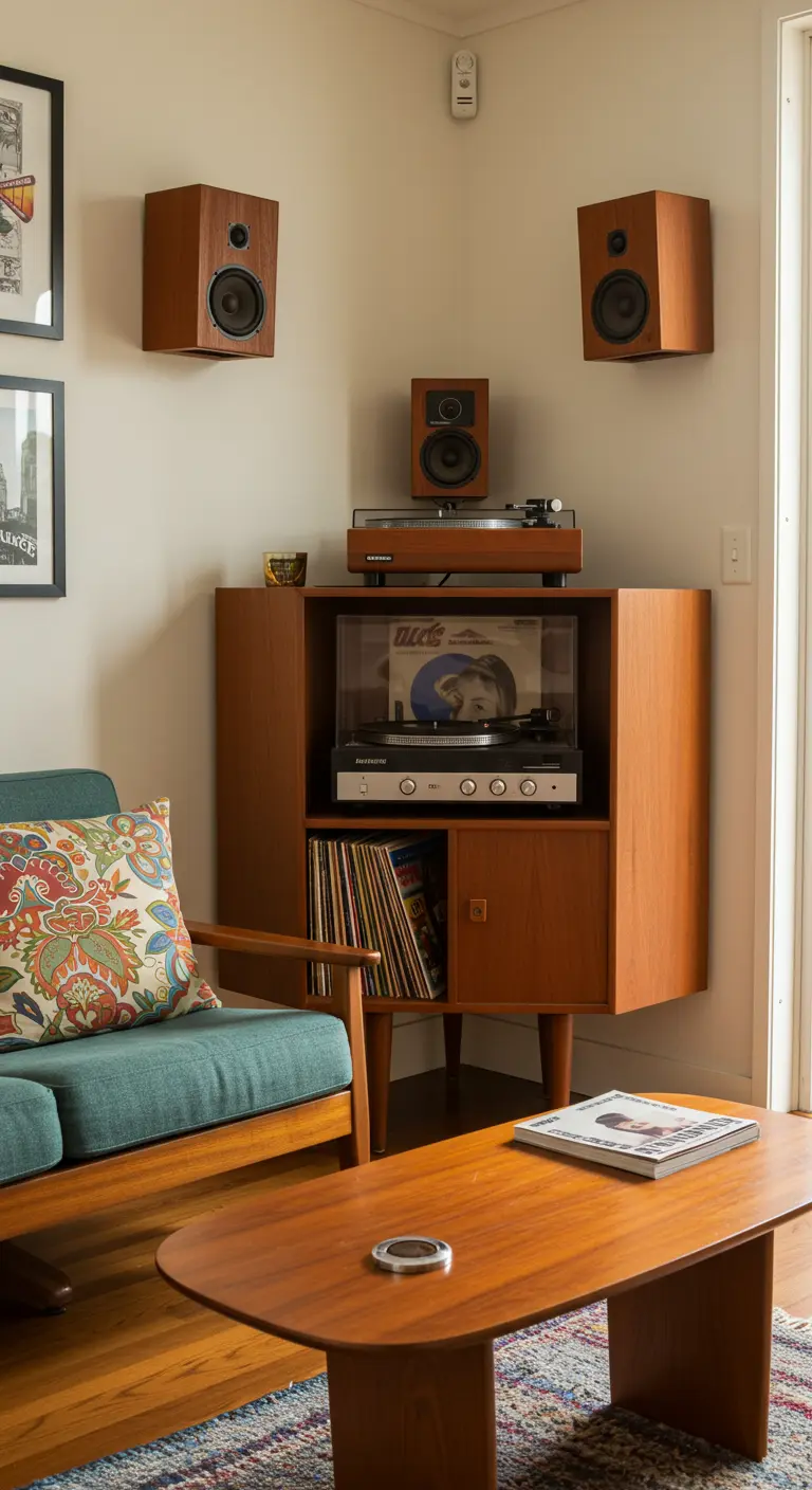 Mueble de madera para tocadiscos y vinilos en la esquina de una sala de estar de estilo retro.