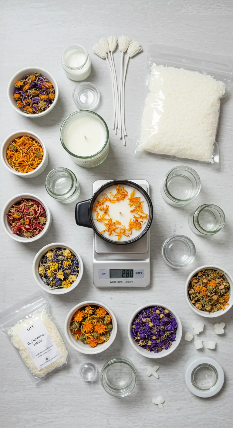 Ingredientes y herramientas para hacer velas caseras, incluyendo cera, mechas y flores secas.