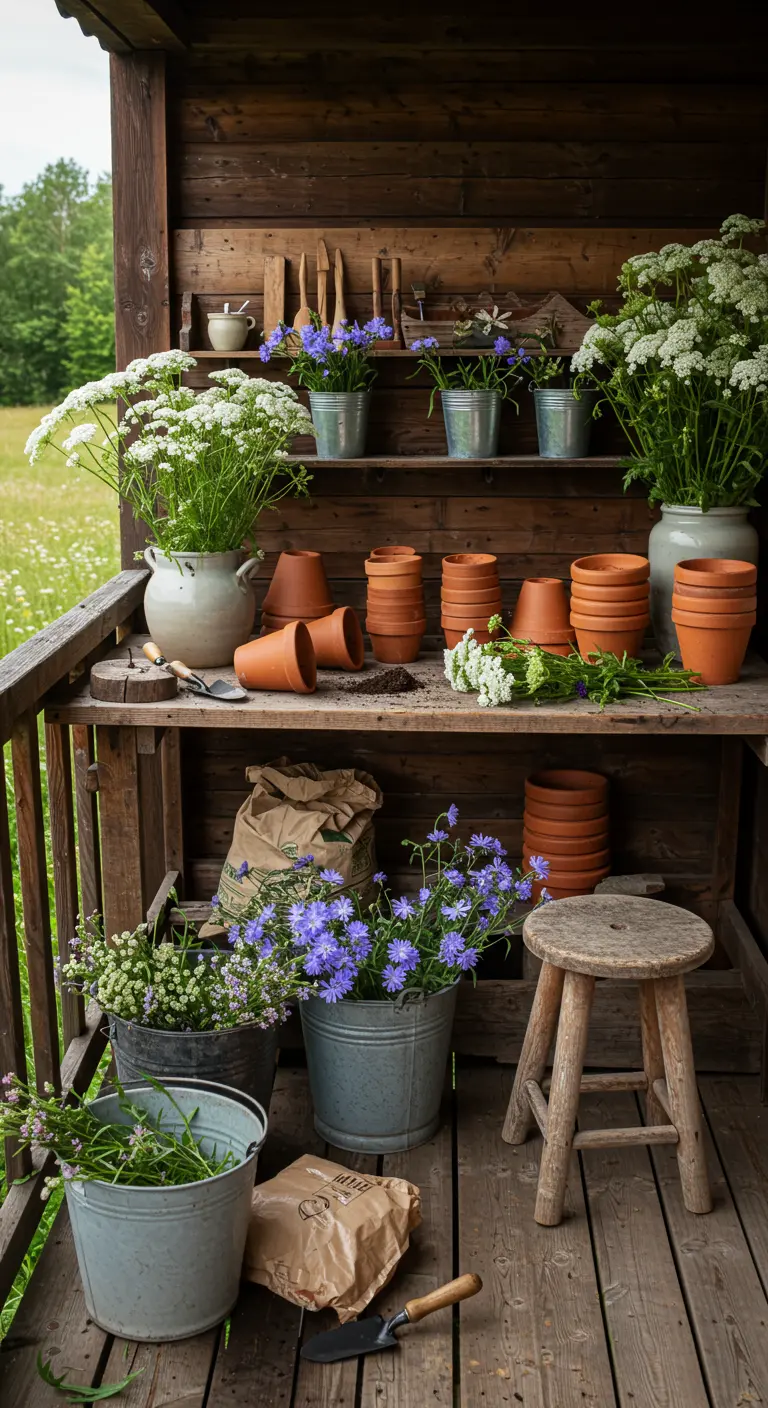 Rincón de jardinería en un porche de madera con macetas de terracota, cubos de zinc y flores silvestres.