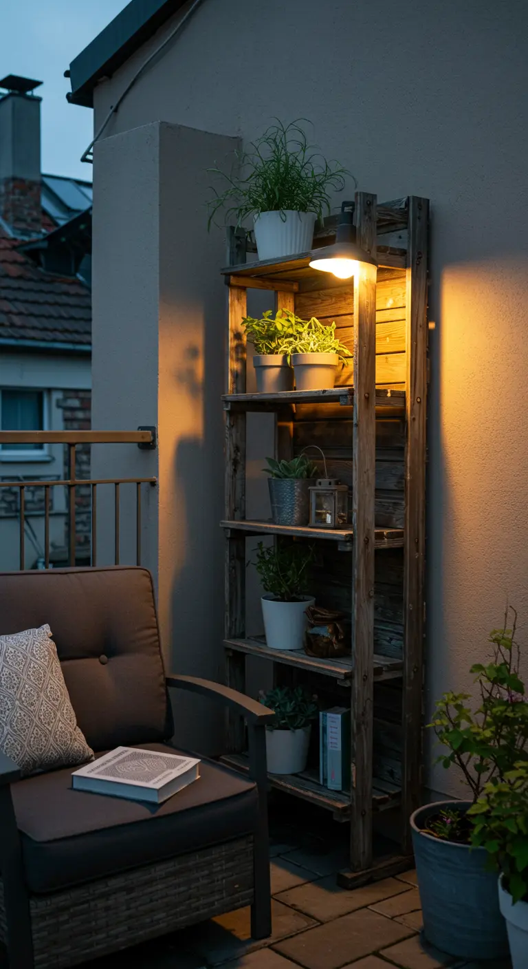Estantería de madera rústica en un balcón con plantas y una luz solar cálida integrada.