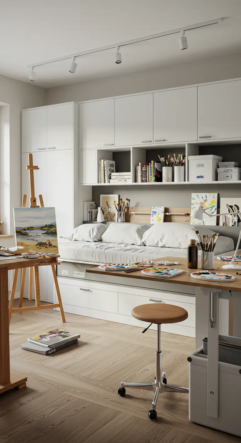 Cama con cajones de almacenaje bajo una estantería en un estudio de artista.