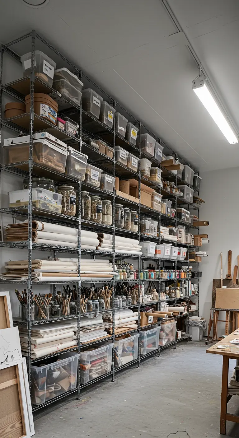 Estudio de arte con altas estanterías metálicas repletas de materiales, lienzos y cajas.