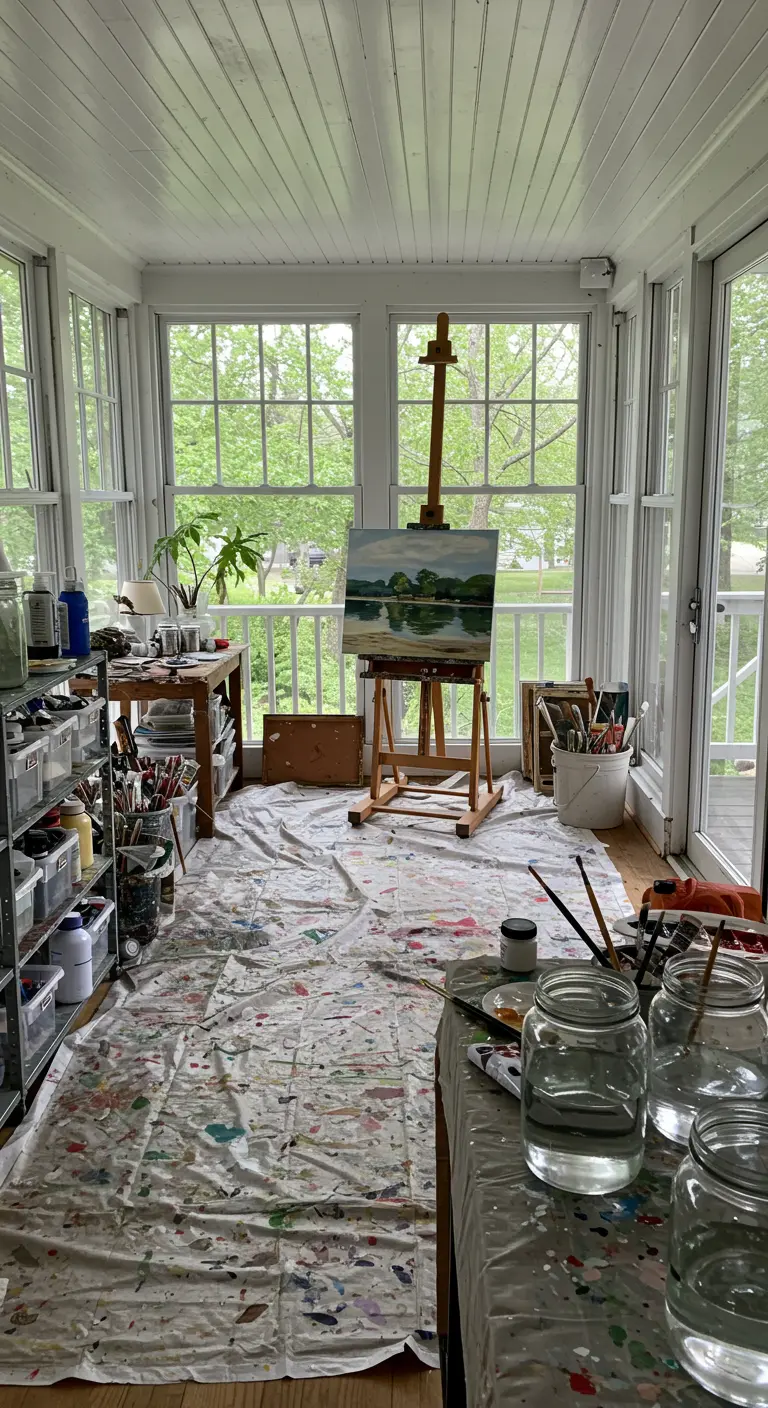 Porche convertido en un estudio de pintura, con caballetes, pinturas y el suelo protegido.