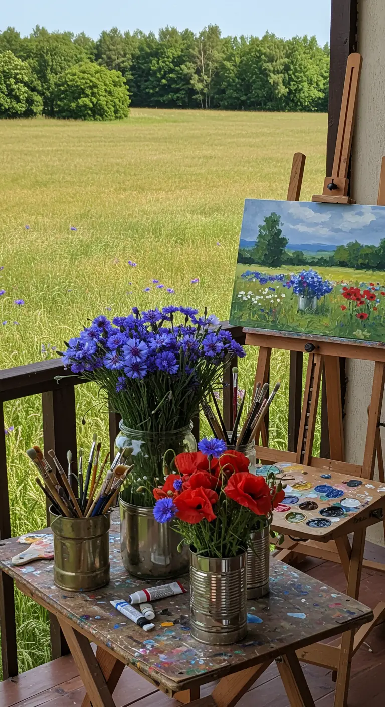Rincón de pintura en un balcón con un caballete, pinceles y flores silvestres en jarrones, con vistas a un prado.
