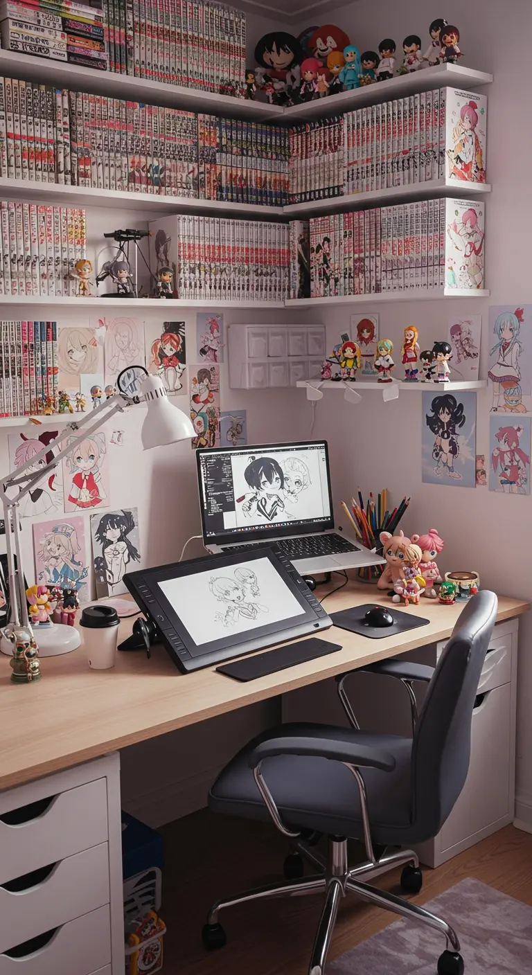 Rincón de ilustrador con estanterías repletas de manga, dibujos y una tableta gráfica.
