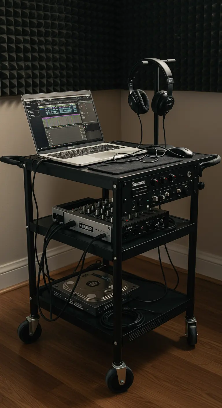 Carrito industrial negro con equipo de producción de música, incluyendo mezclador y auriculares