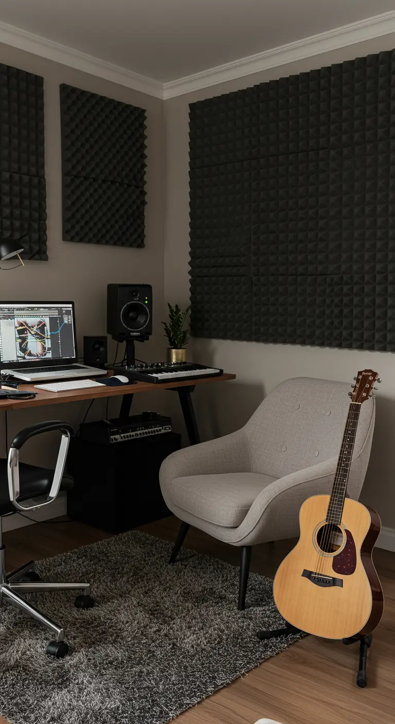 Estudio de música en casa con paneles acústicos, escritorio con monitores y una guitarra acústica.