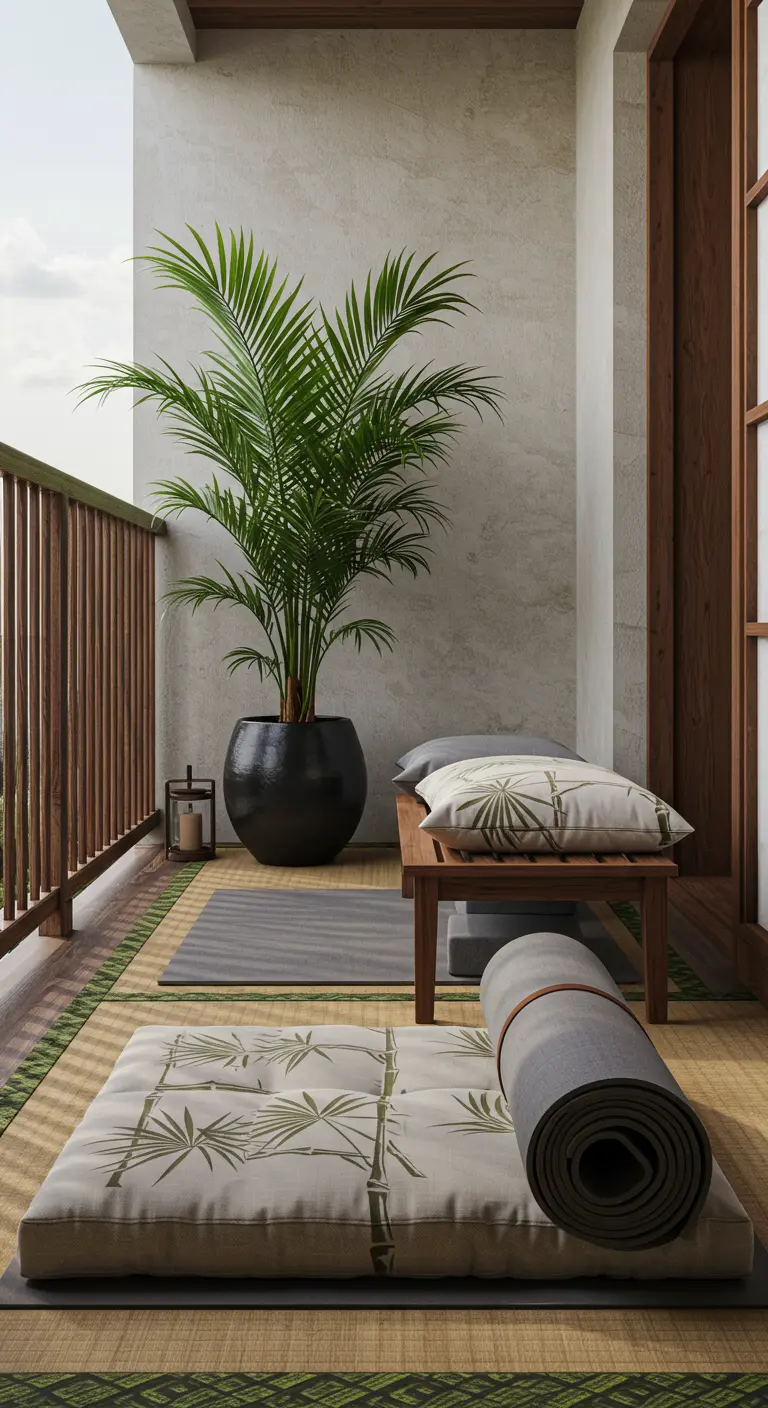 Balcón zen con esterillas de yoga, banco bajo de madera y una palmera en maceta negra