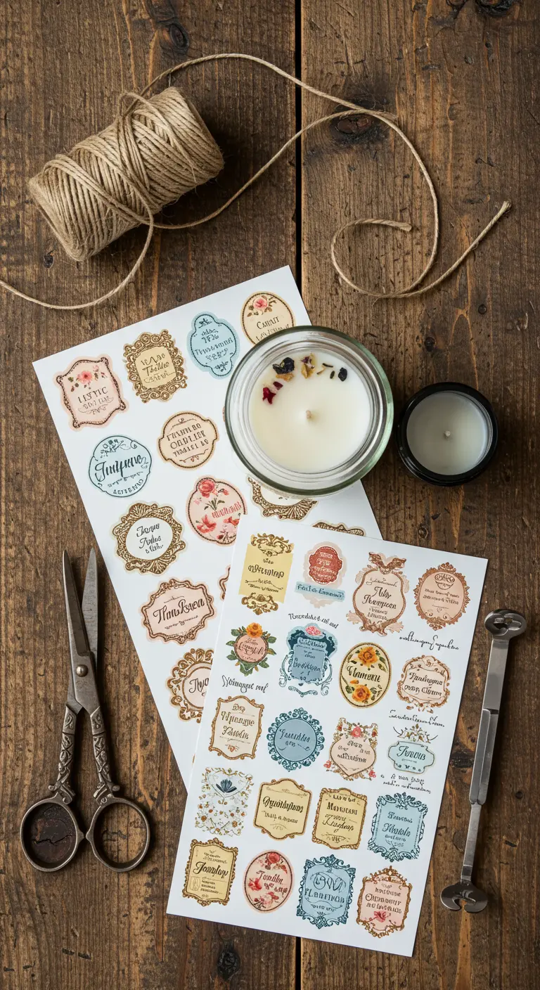 Hojas con varias etiquetas de estilo vintage impresas, junto a una vela, tijeras y cuerda de yute.