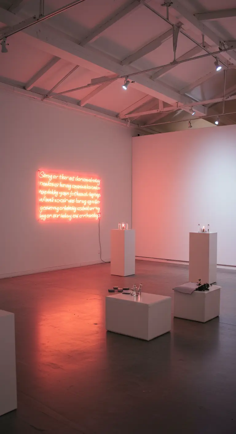 Galería minimalista con una frase larga en un letrero de neón naranja en la pared.