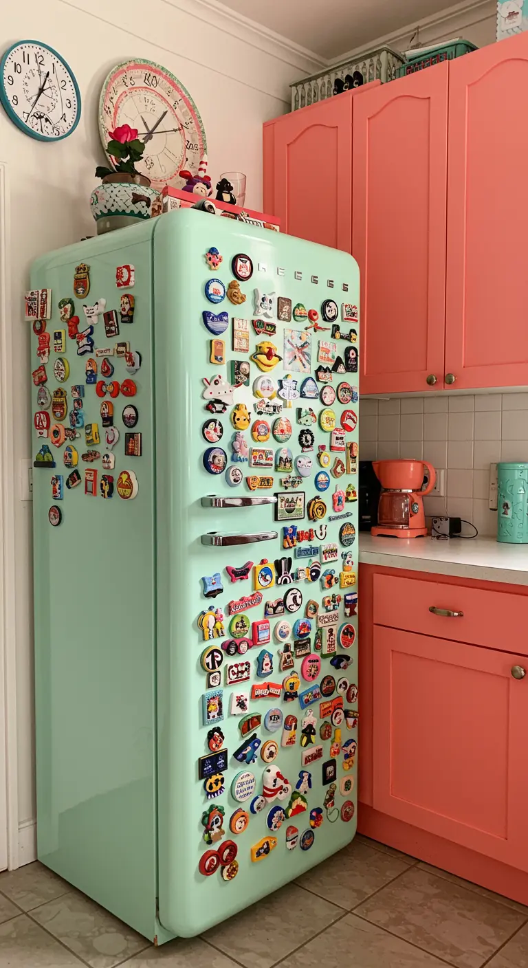 Cocina colorida con armarios coral y un frigorífico retro verde menta cubierto de imanes.
